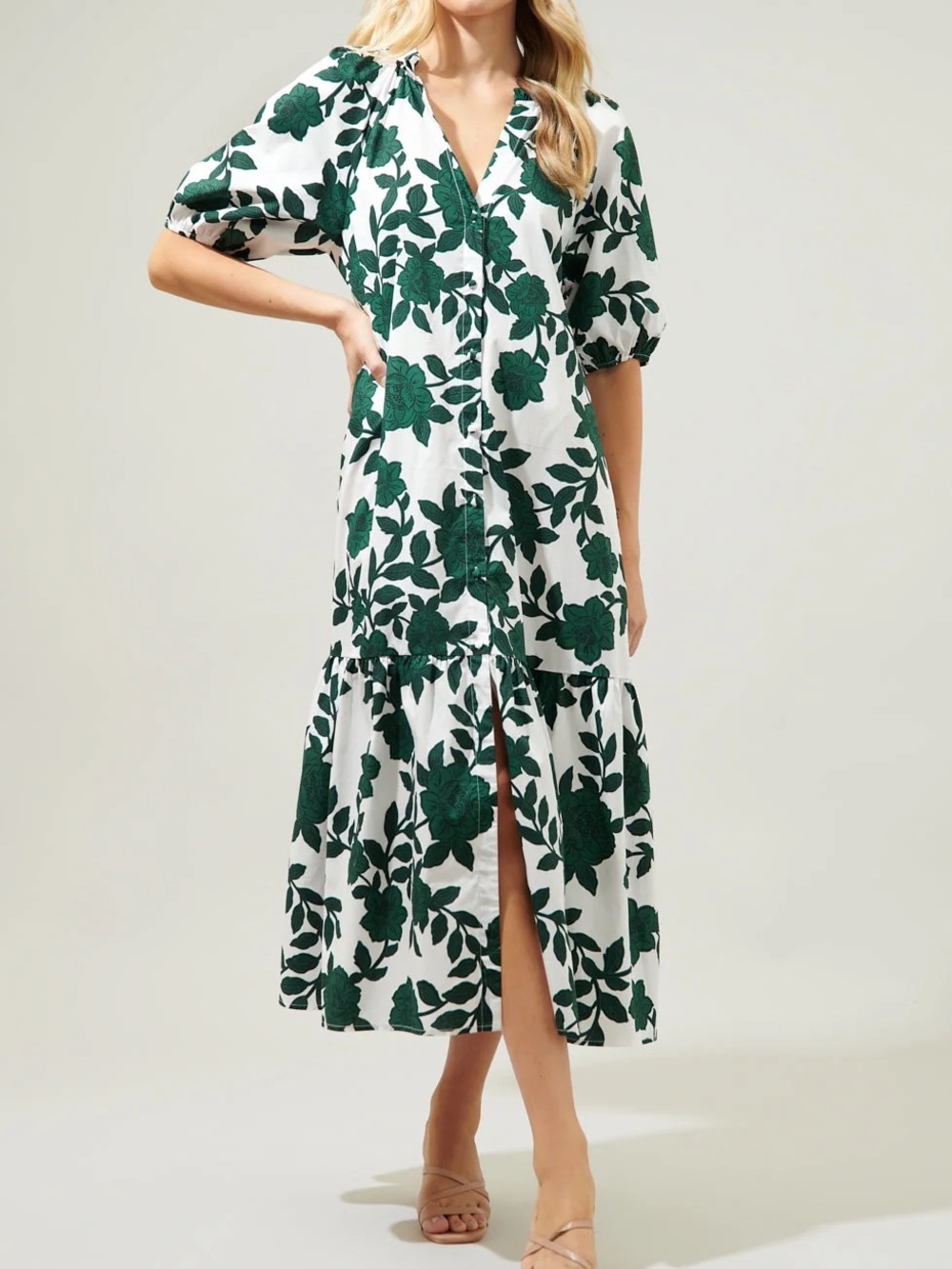 Sugarlips Kane Wynette Tiered White Maxi Dress with Green Floral Print
